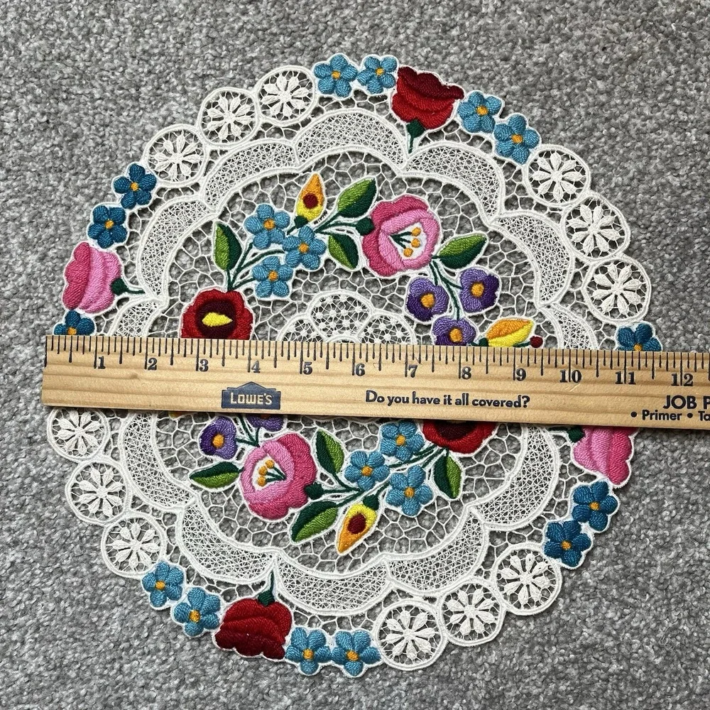 Set of 2 Kalocsa Hungarian Hand Embroidered Doilies Kalocsai Floral Lace Design